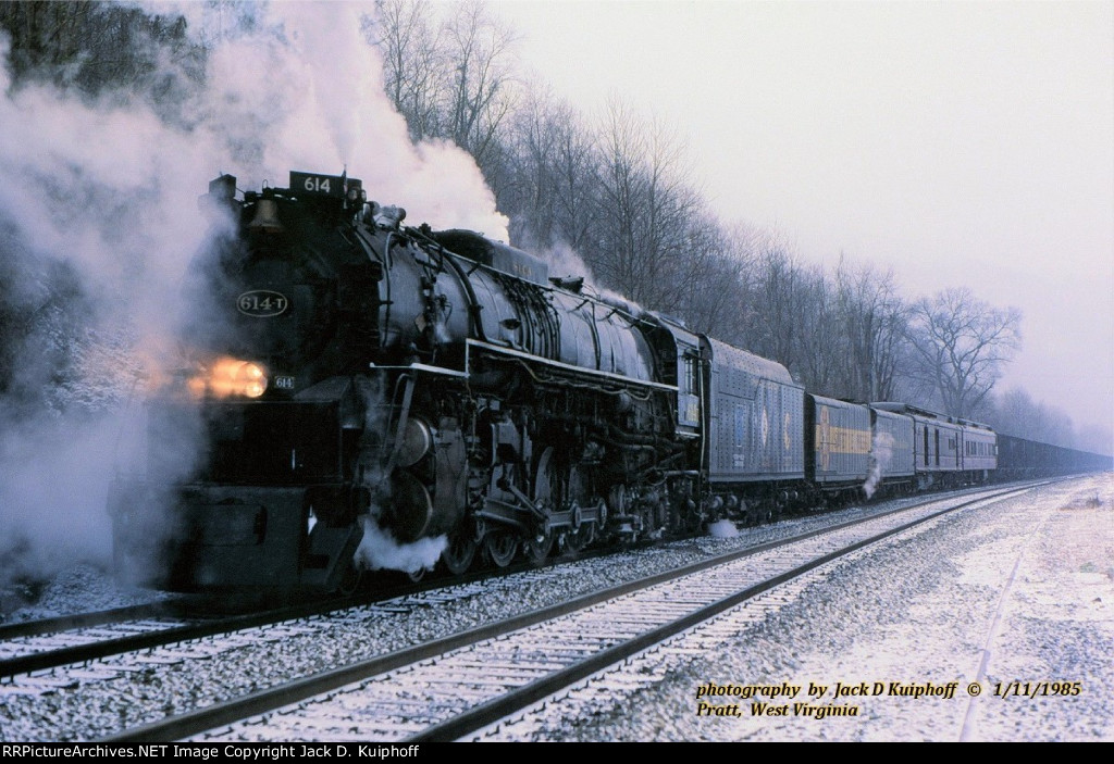 C&O Greenbrier 4-8-4 614T "T" for test. Pulling coal trains for a month in January 1985 seen here at Pratt, West Virginia. November 11, 1985. 